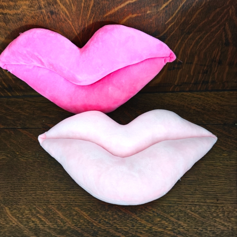TwoLips.    Pink and Light Pink Lip-Shaped Pillows.  14" Wide 8" High Velveteen.